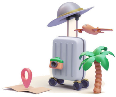 Travel graphic showing a suitcase, camera, map and airplane.